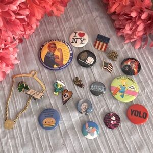 Lot of 20 fun pins- Harry Potter, Heros, LOST, USA patriotic Simpsons & more